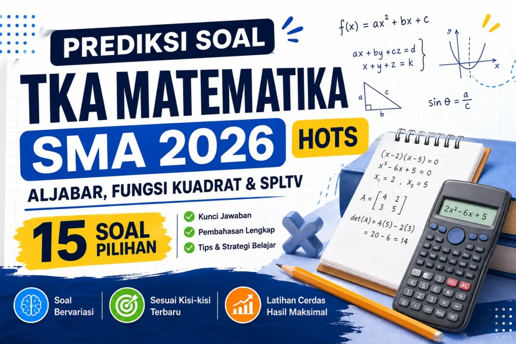 Prediksi Soal TKA Matematika SMA 2026 Aljabar, Fungsi Kuadrat, SPLTV dan HOTS lengkap dengan pembahasan.