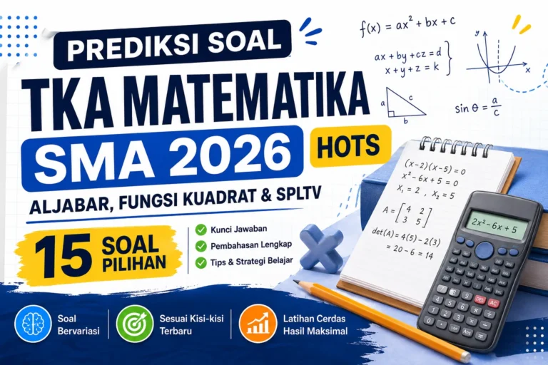 Prediksi Soal TKA Matematika SMA 2026 Aljabar, Fungsi Kuadrat, SPLTV dan HOTS lengkap dengan pembahasan.