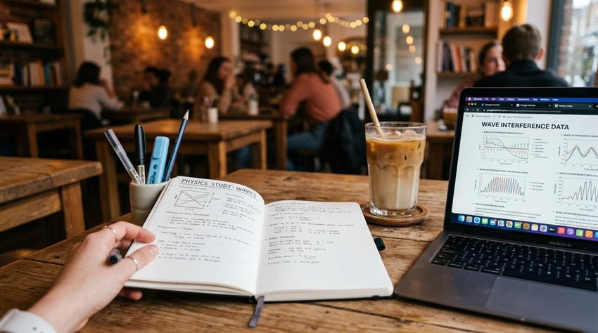 Suasana meja belajar nugas di cafe Malang dengan laptop dan buku catatan
