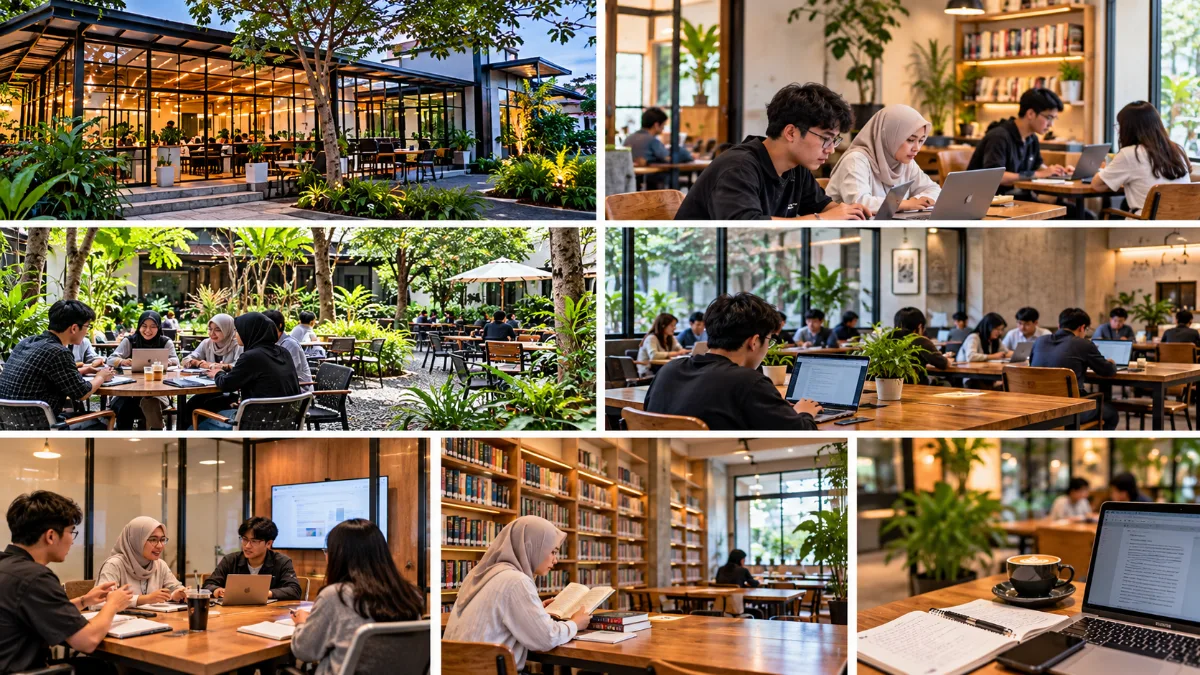 Ilustrasi berbagai ruang belajar komunal dan cafe edukasi di Malang dengan suasana nyaman untuk mahasiswa   Salin