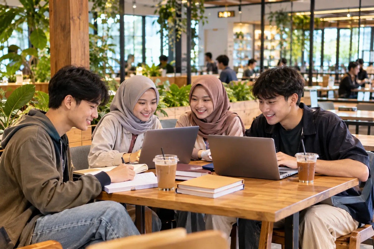 Ilustrasi empat mahasiswa berdiskusi dan mengerjakan tugas kelompok menggunakan laptop di cafe yang nyaman   Salin